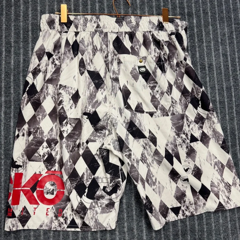 Ecko Unltd Mens XL White Black Geometric Diamond Swim Trunks Board Shorts (2473)